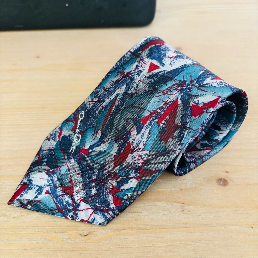 Oscar de la Renta Men’s Multicolor Abstract Tie Wide Bill Blue Red Vintage 4”